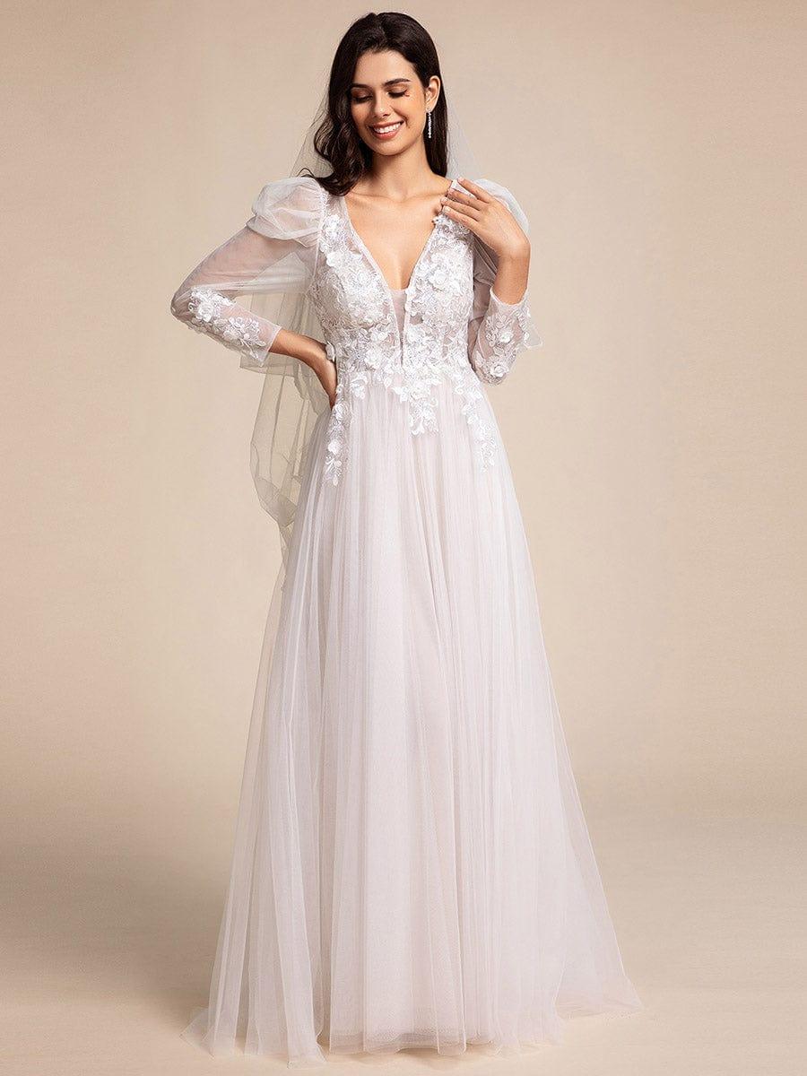 GENOVA’S BRIDE|V Neck Leg of Mutton Sleeves Applique See-Through Wedding Dress