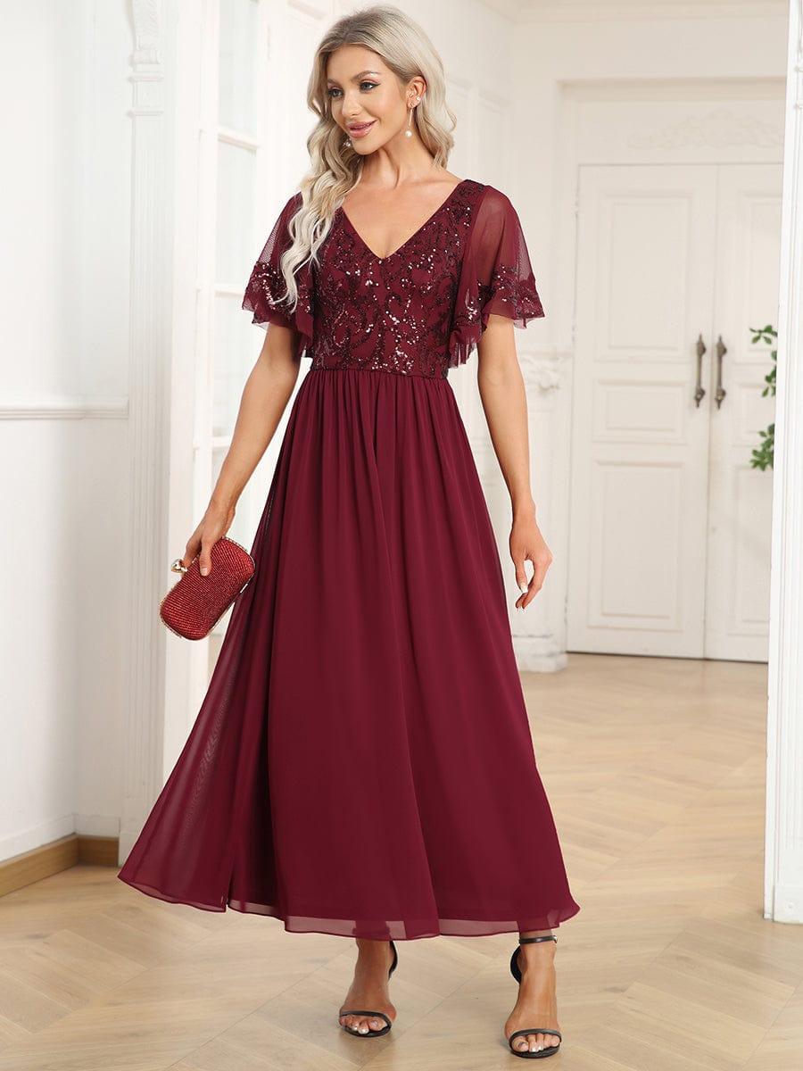 ever HAZEL|Elegant V-Neck Sequin A-Line Short Sleeves Chiffon Midi Formal Dress