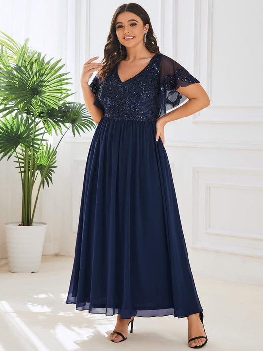 pretty HAZEL|Plus Size V-Neck Short Sleeve Sequin Bodice Mother of the Bride Dress
