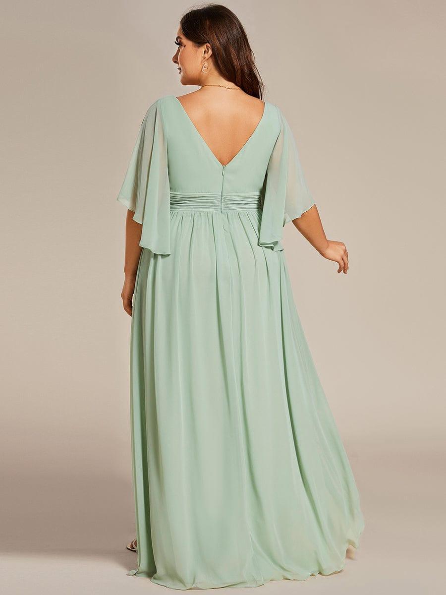 ever ELYAN|Half Sleeve V-Neck Pleated High Slit A-Line Chiffon Bridesmaid Dress