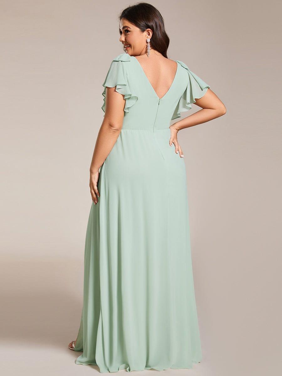 pretty ROSY|Plus Size Split Ruffles Sleeves with Bowknot Double V-neck Chiffon Bridesmaid Dress