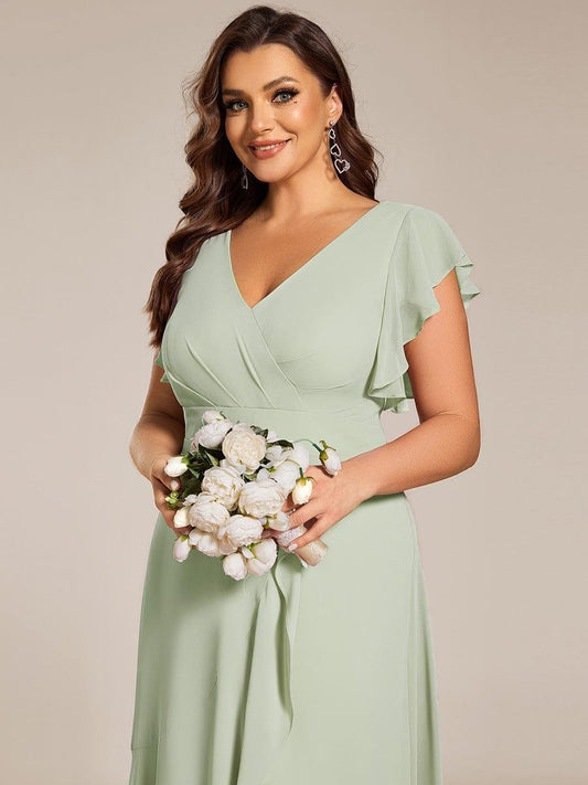 Celia | Plus Size A-Line Chiffon High-Low Bridesmaid Dress with Ruffled Sleeve