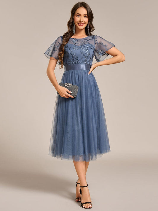 ever MARA|Embellished Tulle Midi Junior Bridesmaid Dress with Sheer Sleeves