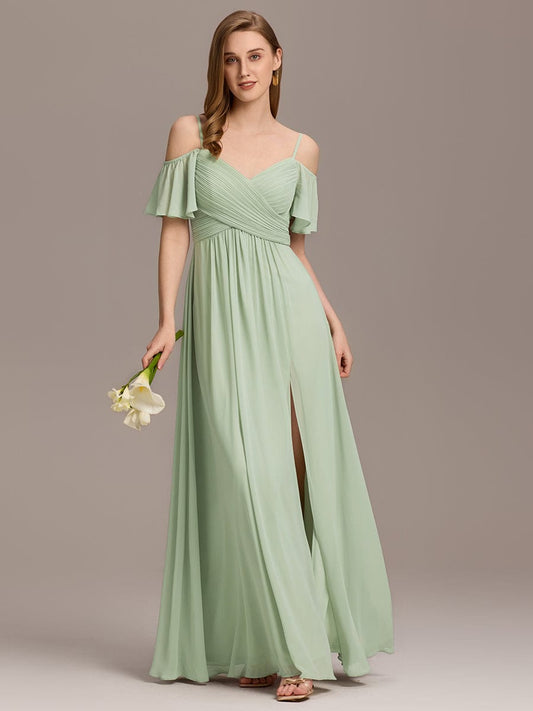 ever GRACIE|Off-Shoulder Ruched High Split Bridesmaid Dress