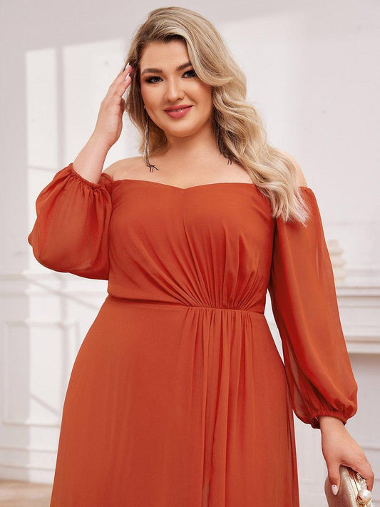 pretty DANICA|Plus Size High-Slit Waist Pleated Bridesmaid Dress with Long Sleeves