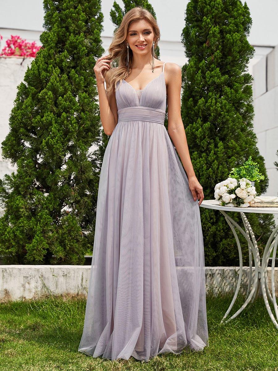 ever CARTER|High-Waisted Backless See-Through Tulle Bridesmaid Dress with V-Neck