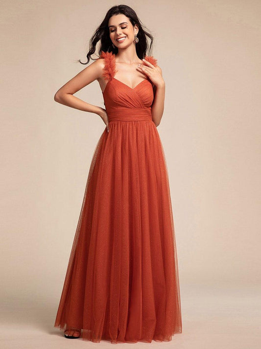 Embellished Shoulders Pleated Tulle Glitter Bridesmaid Dress