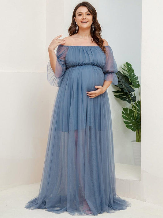 pretty CELIA|Plus Size Off-Shoulder Tulle Double Skirt Maxi Maternity Dress