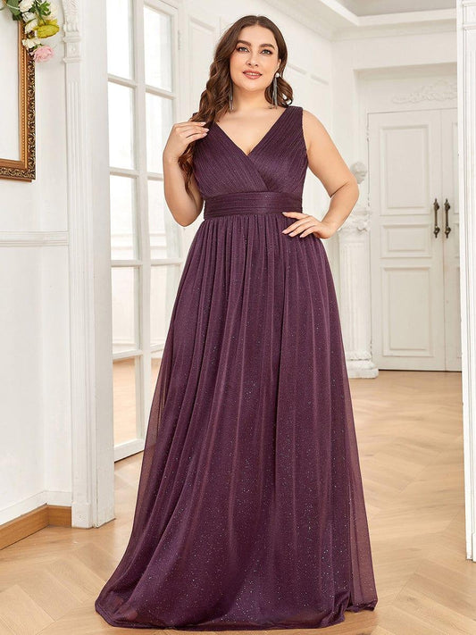 pretty STERLING|Double V Neck Maxi Long Plus Size Sparkly Evening Dresses for Party