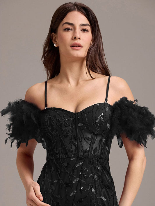 ever BELISSE|Off-Shoulder Feather Sleeve A-Line High Split Backless Sequin Formal Dress
