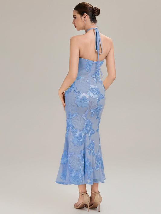 Floral Mesh Sleeveless Evening Dress