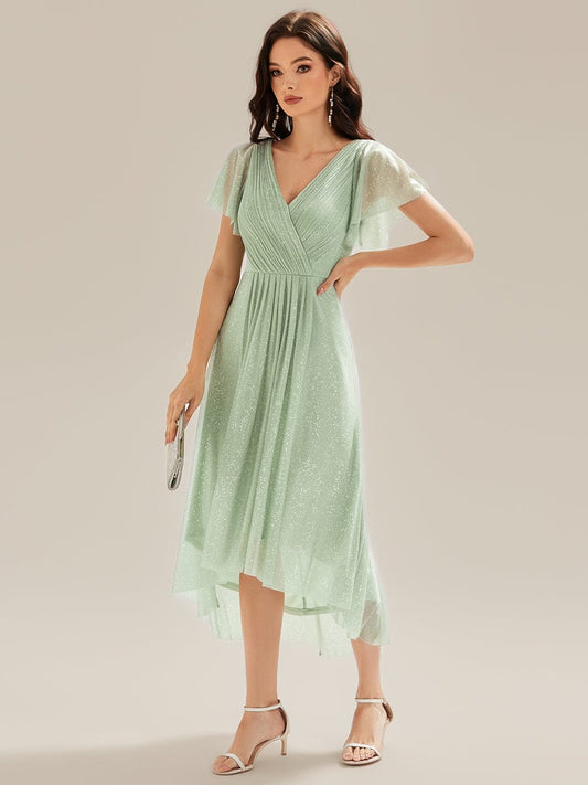 ever MIA|Pleated Glitter Ruffle Sleeve Dress