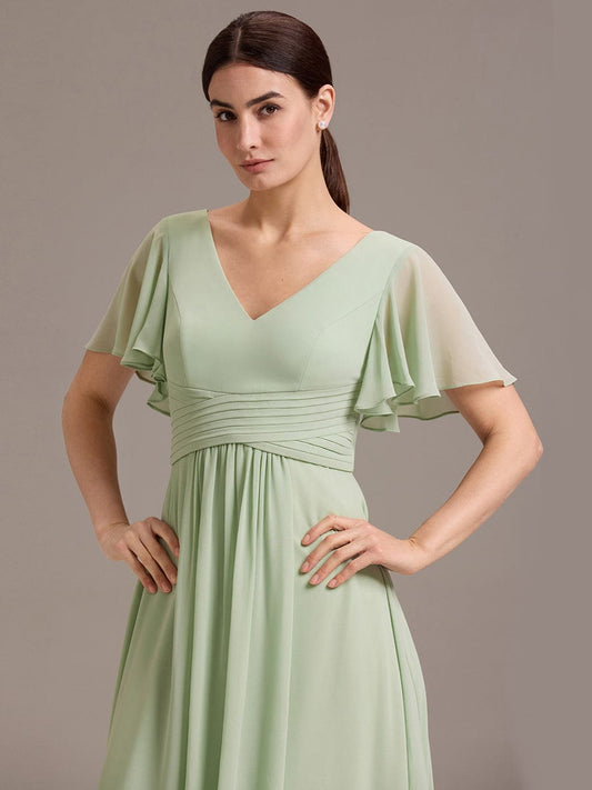 ever DAMIA|Chiffon Double V-Neck A-Line Ruffled Sleeves Bridesmaid Dress with Asymmetrical Hem