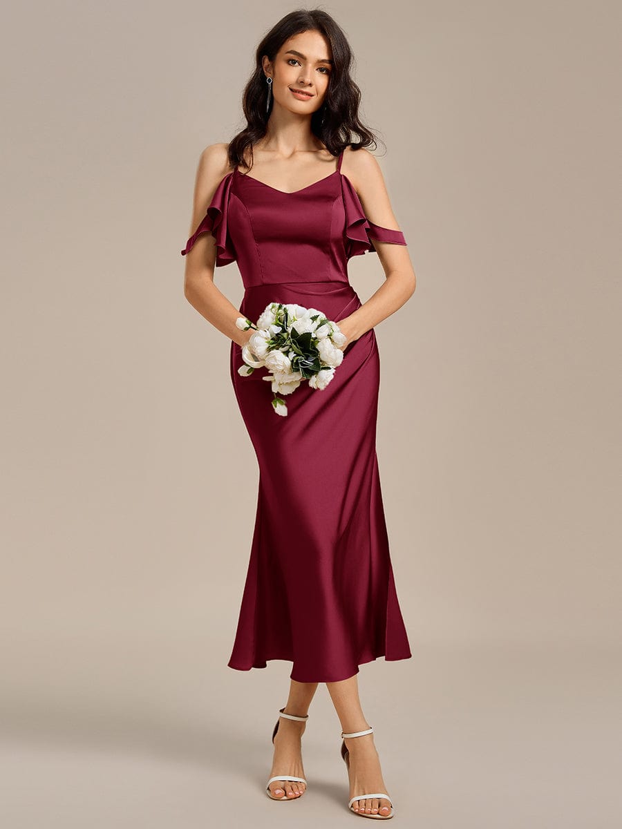 ever CALYNNE|Ruffled Off Shoulder Satin Midi Mermaid Bridesmaid Dress