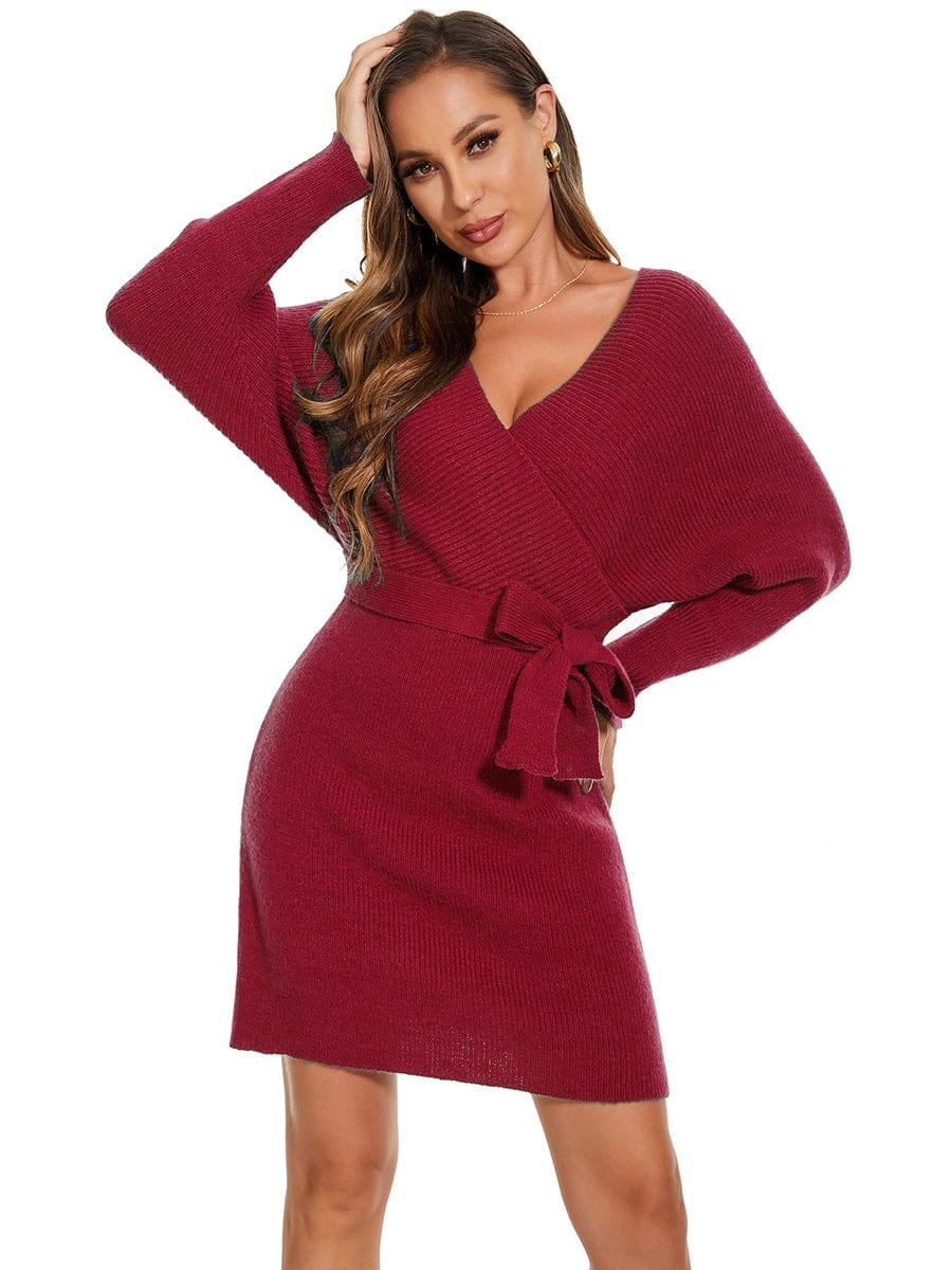 ever RACHELLE|V-Neck Wrap Long Dolman Sleeve Knit Bodycon Sweater Dress