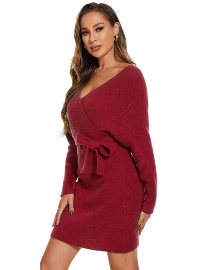 ever RACHELLE|V-Neck Wrap Long Dolman Sleeve Knit Bodycon Sweater Dress