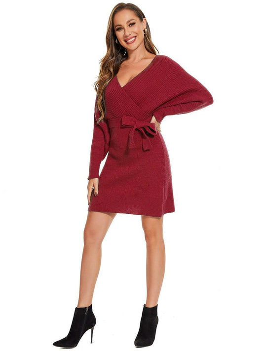 ever RACHELLE|V-Neck Wrap Long Dolman Sleeve Knit Bodycon Sweater Dress