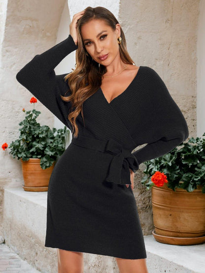 ever RACHELLE|V-Neck Wrap Long Dolman Sleeve Knit Bodycon Sweater Dress