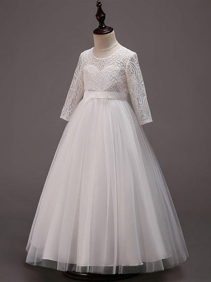 ISANNA|Charming Bow Lace Flower Girl Dress with Long Sleeves