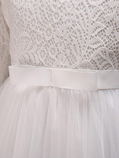 ISANNA|Charming Bow Lace Flower Girl Dress with Long Sleeves