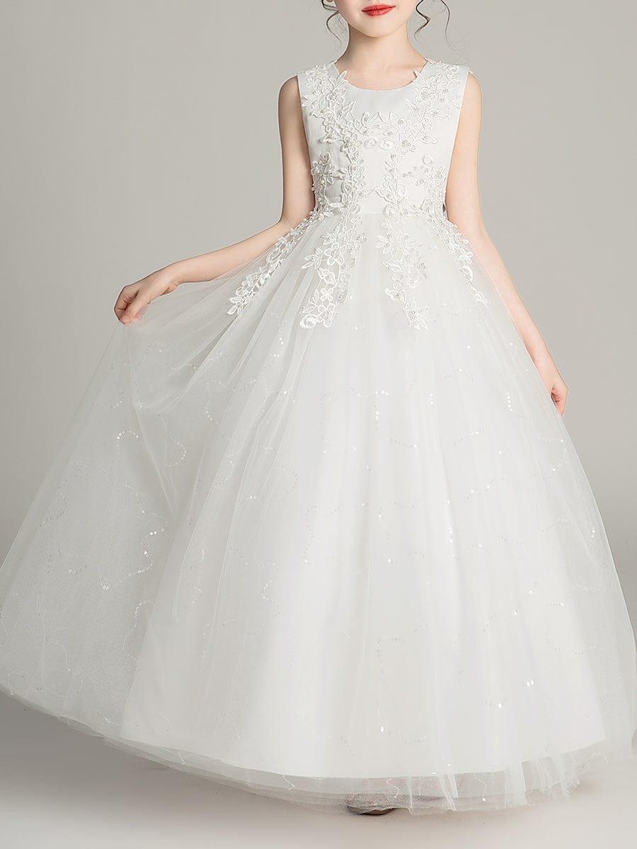 BRIE|Gorgeous White Lace and Tulle Flower Girl Dress with Flower Appliques