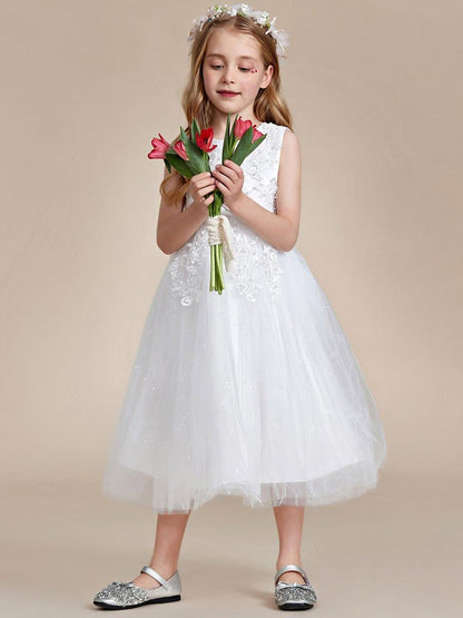 BRIE|Gorgeous White Lace and Tulle Flower Girl Dress with Flower Appliques