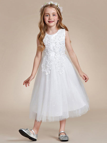 BRIE|Gorgeous White Lace and Tulle Flower Girl Dress with Flower Appliques