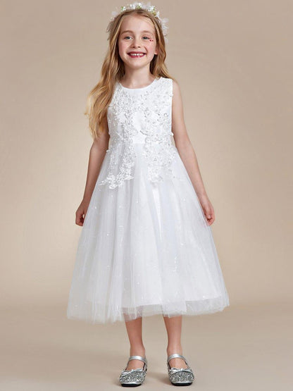 BRIE|Gorgeous White Lace and Tulle Flower Girl Dress with Flower Appliques
