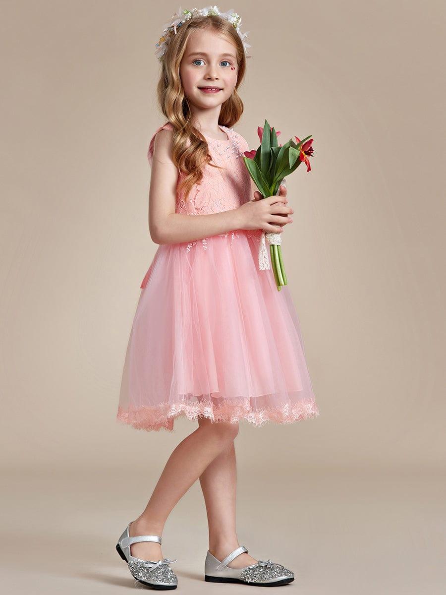 AURETTA|White Lace Tulle Flower Girl Dress with Bow Back Detail
