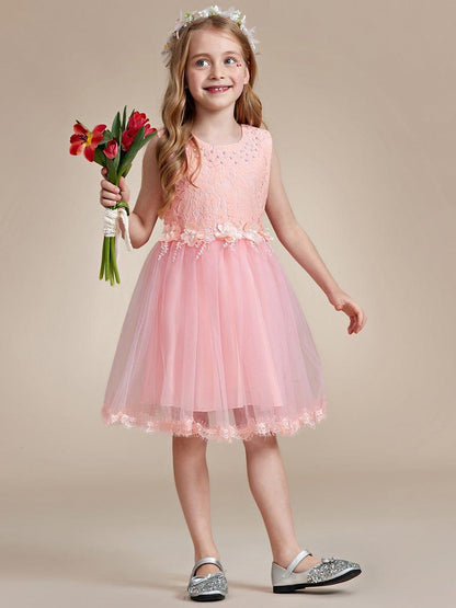 AURETTA|White Lace Tulle Flower Girl Dress with Bow Back Detail