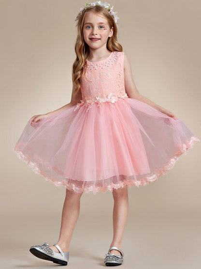 AURETTA|White Lace Tulle Flower Girl Dress with Bow Back Detail