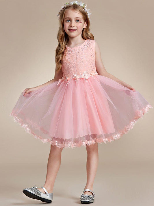 AURETTA|White Lace Tulle Flower Girl Dress with Bow Back Detail