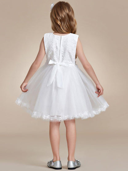 AURETTA|White Lace Tulle Flower Girl Dress with Bow Back Detail