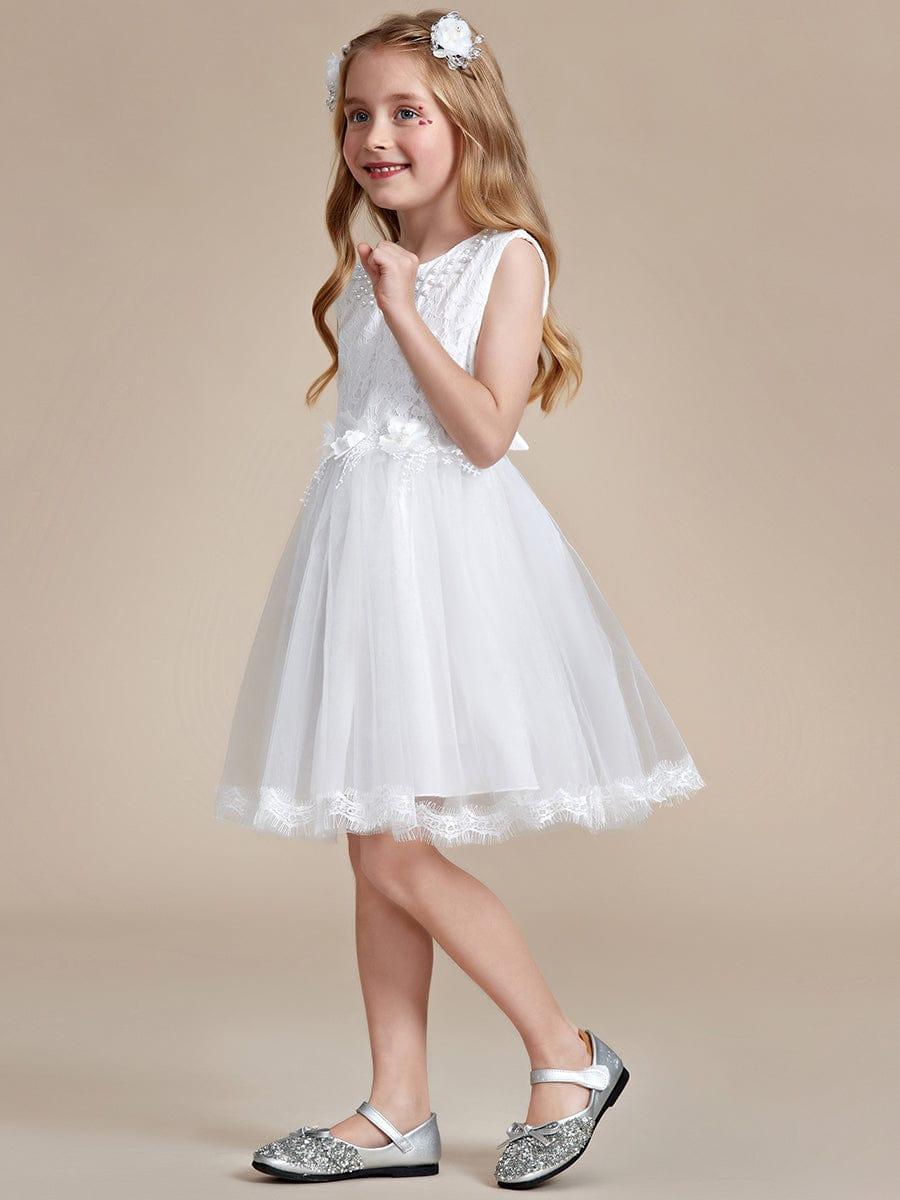 AURETTA|White Lace Tulle Flower Girl Dress with Bow Back Detail