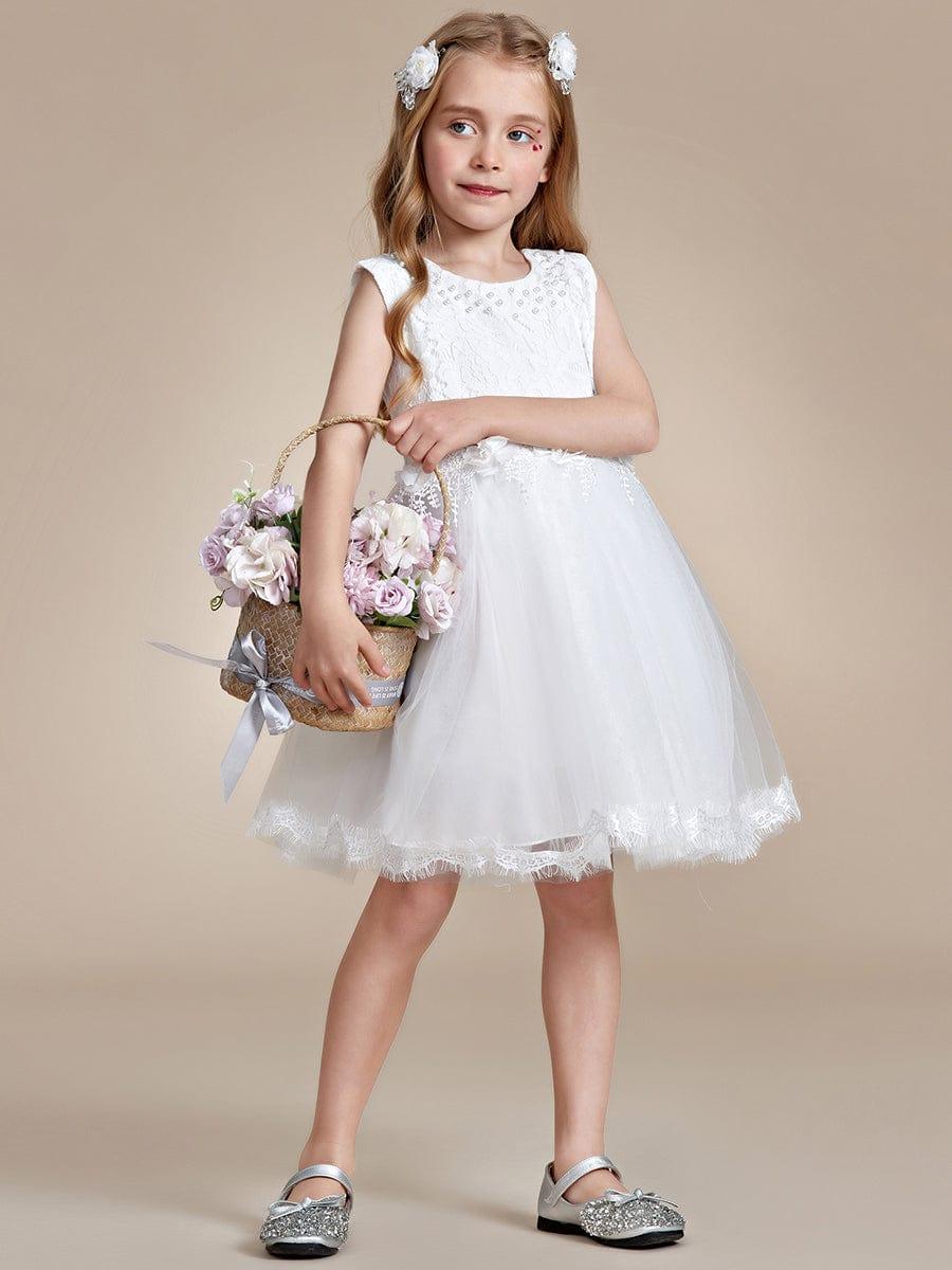 AURETTA|White Lace Tulle Flower Girl Dress with Bow Back Detail