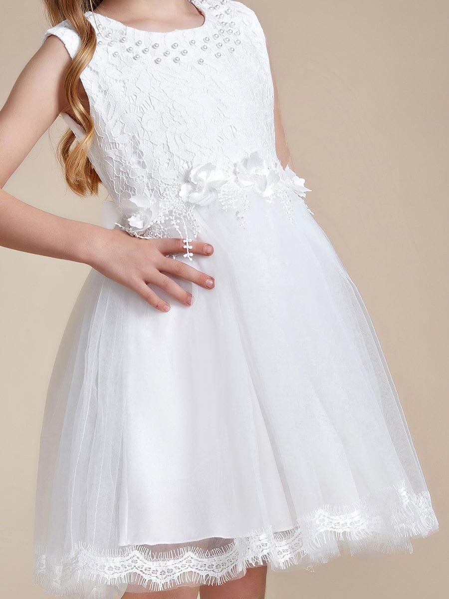 AURETTA|White Lace Tulle Flower Girl Dress with Bow Back Detail