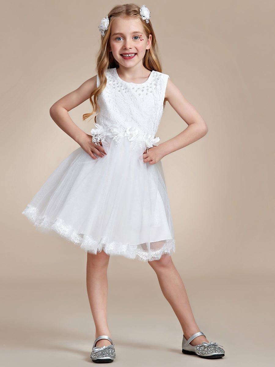 AURETTA|White Lace Tulle Flower Girl Dress with Bow Back Detail