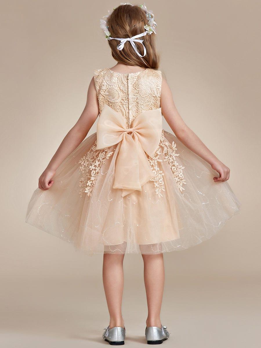 VIANNE|Elegant Lace Sleeveless Embroidered A-Line Flower Girl Dress with Bowknot
