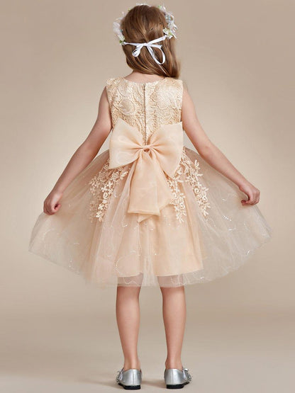 VIANNE|Elegant Lace Sleeveless Embroidered A-Line Flower Girl Dress with Bowknot