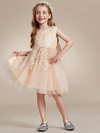VIANNE|Elegant Lace Sleeveless Embroidered A-Line Flower Girl Dress with Bowknot