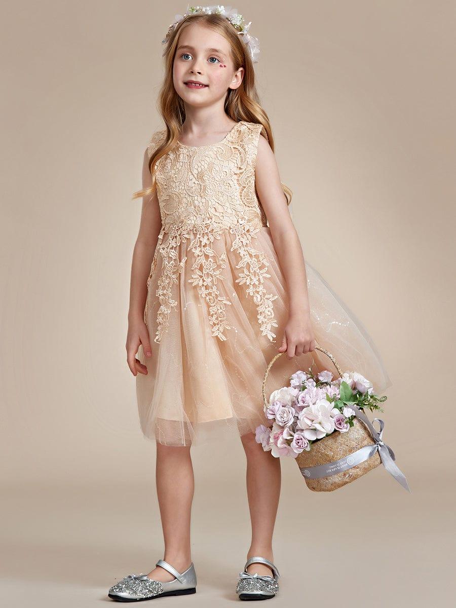 VIANNE|Elegant Lace Sleeveless Embroidered A-Line Flower Girl Dress with Bowknot