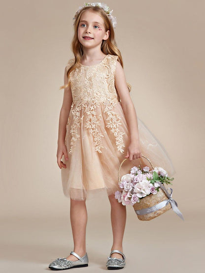 VIANNE|Elegant Lace Sleeveless Embroidered A-Line Flower Girl Dress with Bowknot