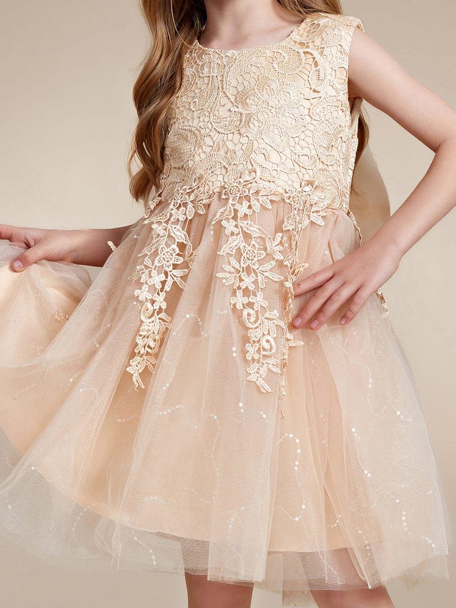 VIANNE|Elegant Lace Sleeveless Embroidered A-Line Flower Girl Dress with Bowknot