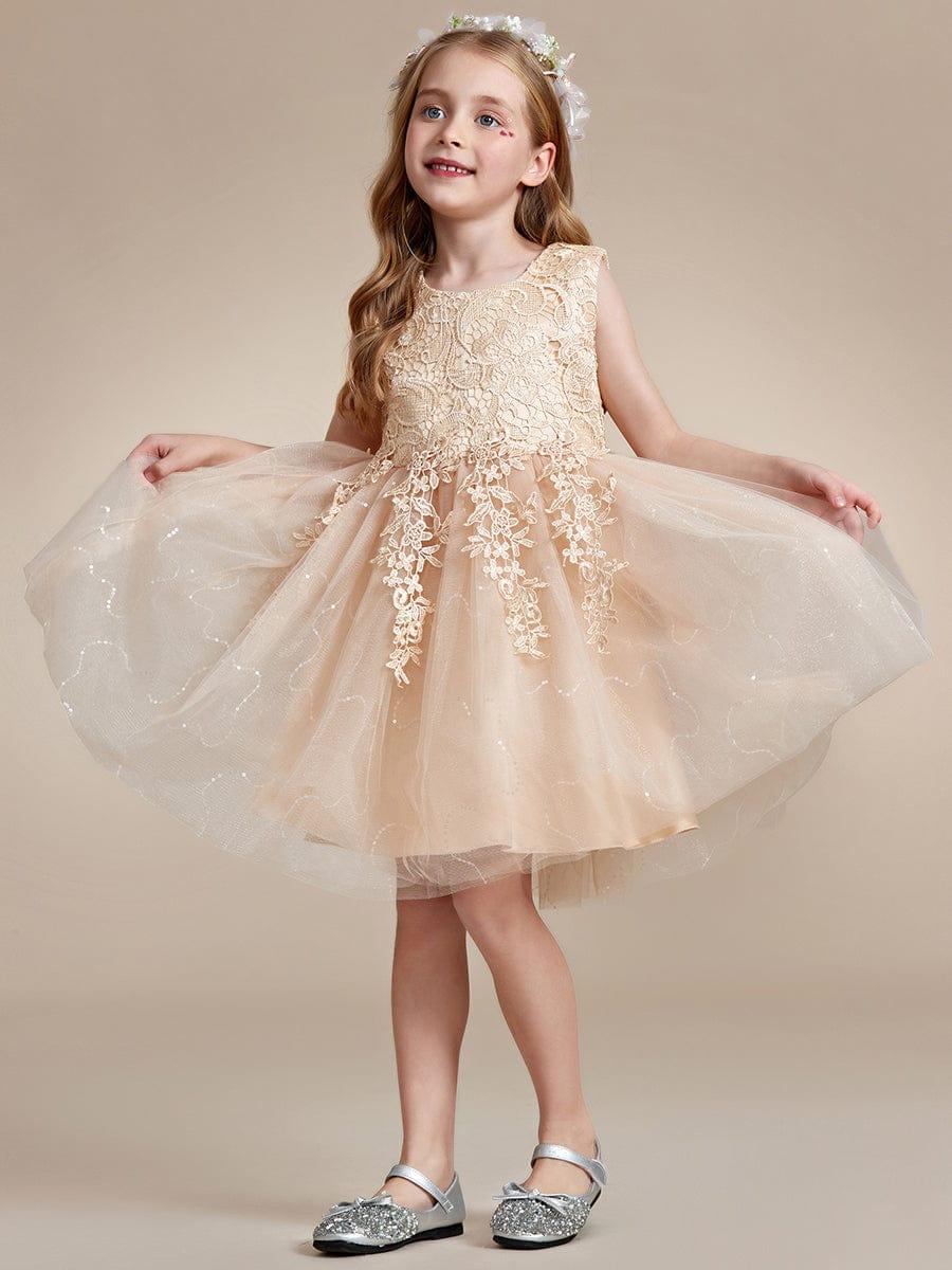 VIANNE|Elegant Lace Sleeveless Embroidered A-Line Flower Girl Dress with Bowknot