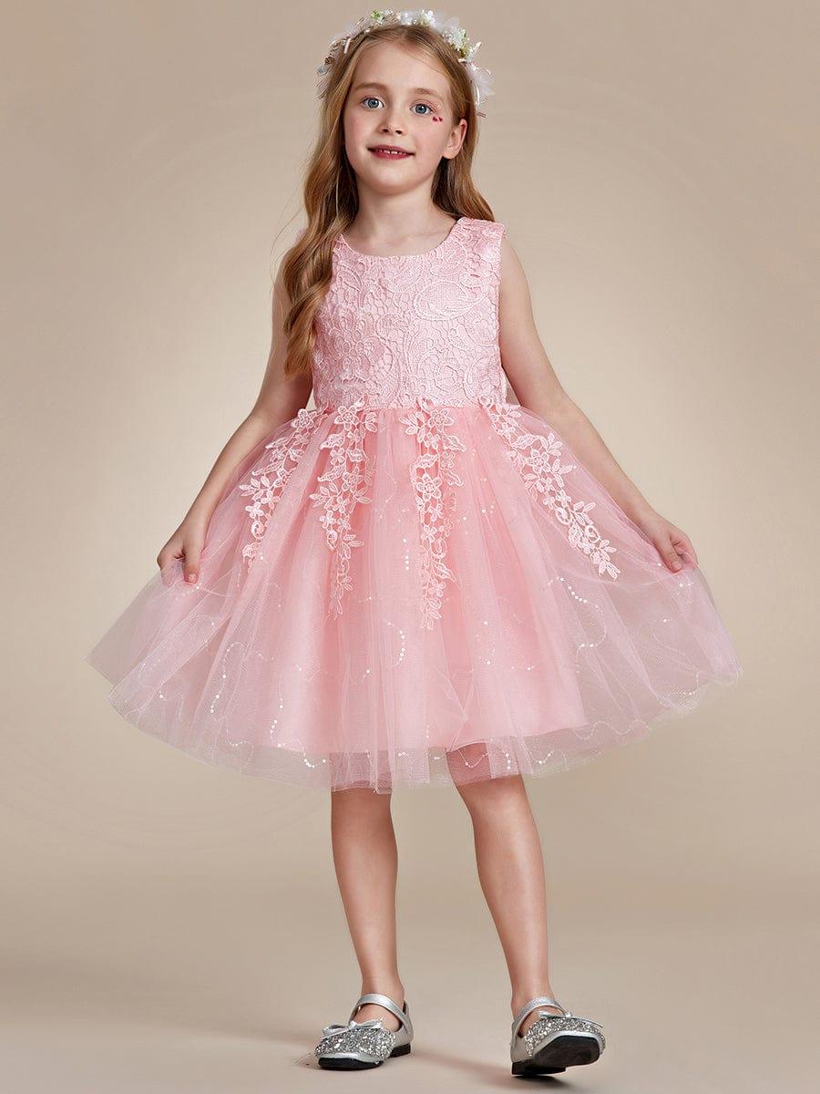 VIANNE|Elegant Lace Sleeveless Embroidered A-Line Flower Girl Dress with Bowknot