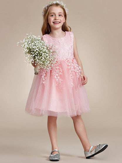 VIANNE|Elegant Lace Sleeveless Embroidered A-Line Flower Girl Dress with Bowknot