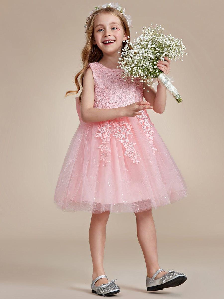 VIANNE|Elegant Lace Sleeveless Embroidered A-Line Flower Girl Dress with Bowknot