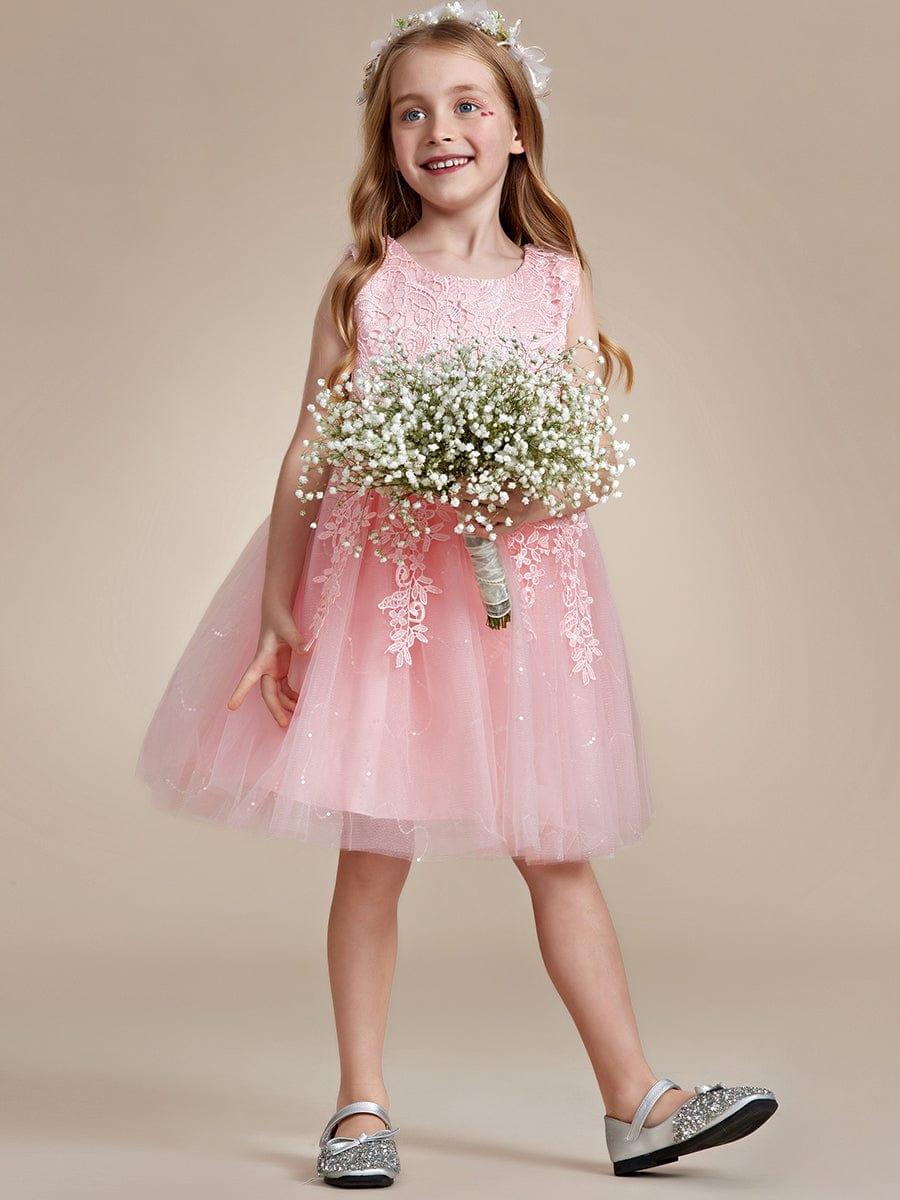 VIANNE|Elegant Lace Sleeveless Embroidered A-Line Flower Girl Dress with Bowknot