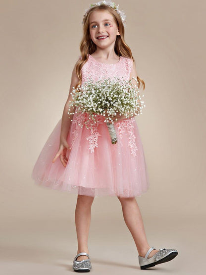 VIANNE|Elegant Lace Sleeveless Embroidered A-Line Flower Girl Dress with Bowknot