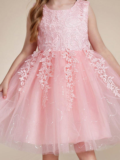 VIANNE|Elegant Lace Sleeveless Embroidered A-Line Flower Girl Dress with Bowknot